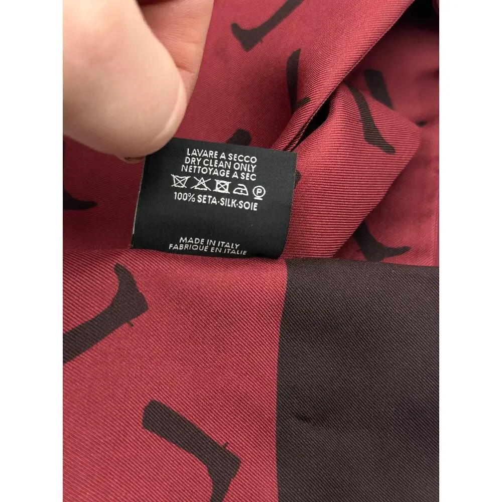 GUCCI Silk Cowboy Print Fringe Scarf Ascot Twilly Maroon Red 53